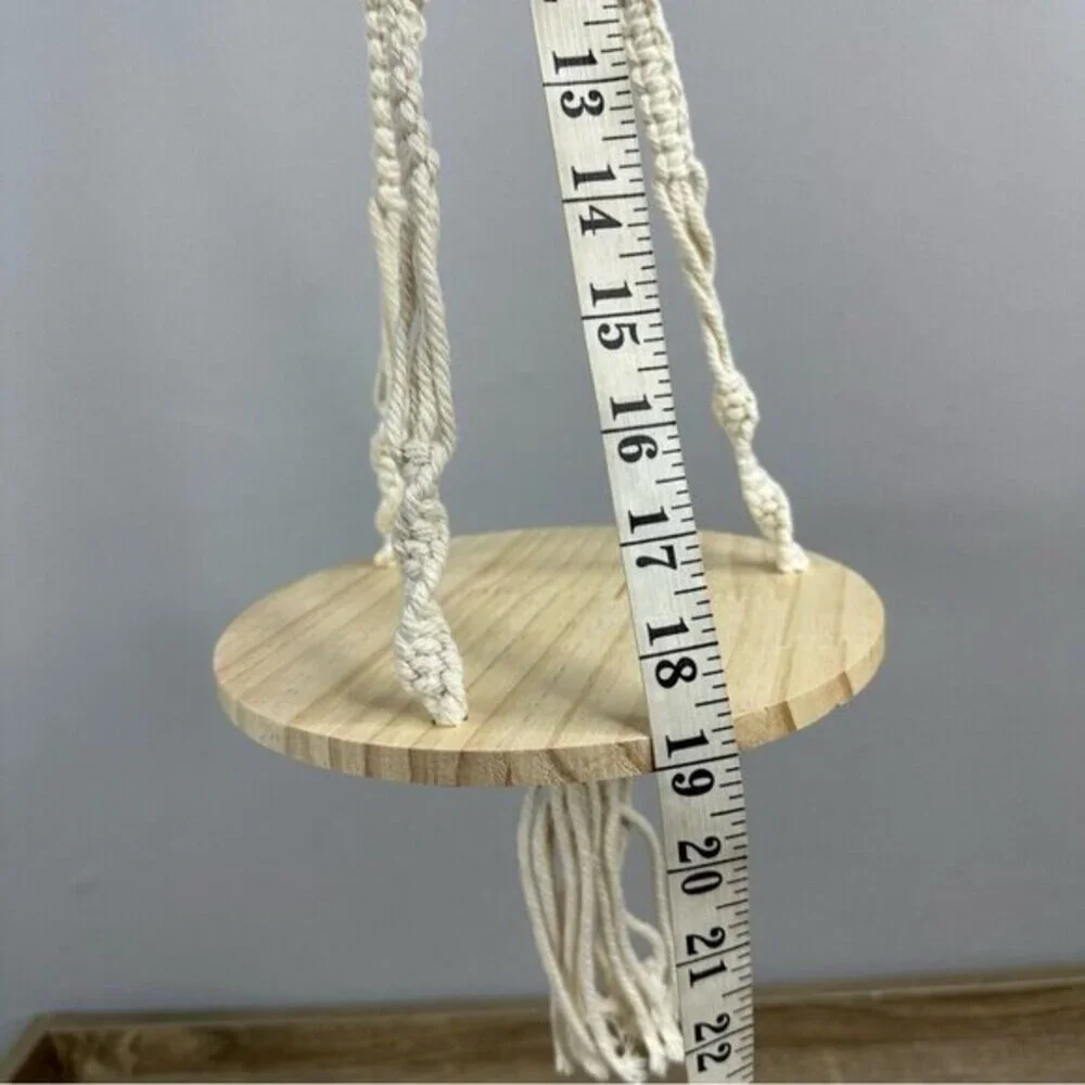 Macrame‎ Hanging Plant Shelf Boho Wood Floating Round Swing Cream 22 Inch NEW